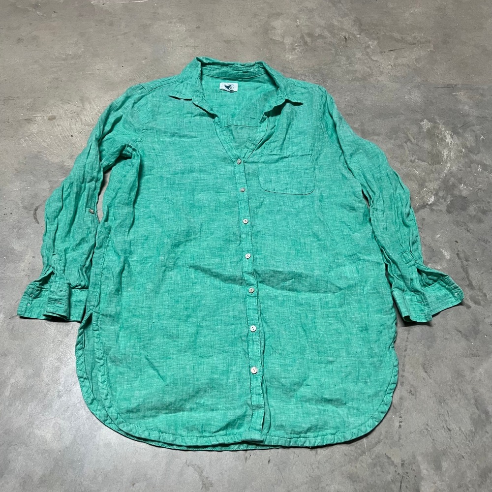 Sigrid Olsen Womens Medium Green 100% Linen Button Down Roll Tab Sleeve Tunic